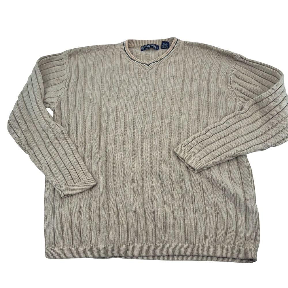 Structure Mens Vintage Ribbed V-Neck Sweater Tan Beige Ramie Cotton Blend Medium